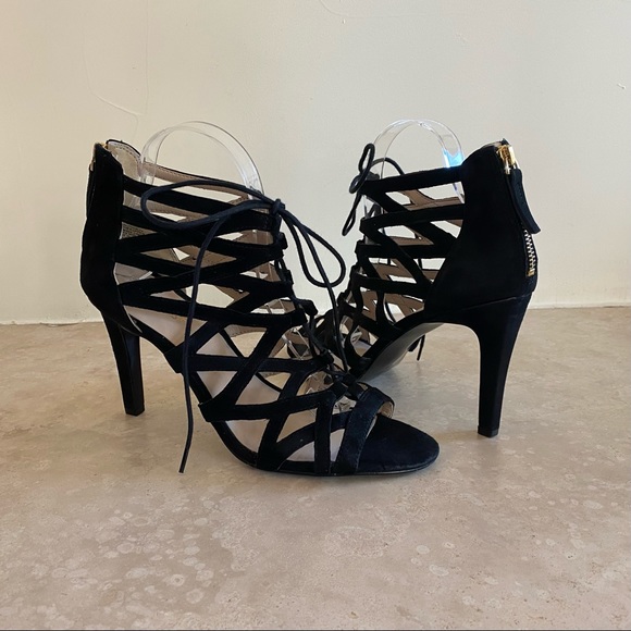 Nine West Shoes - Nine West Black Suede Lace Up Caged Strappy Stiletto Heels Women Size 9.5 M NWOB